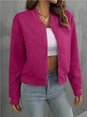 Diamond quilted bomber jacket in Deep Rose with a zip front and ribbed cuffs and hem.
