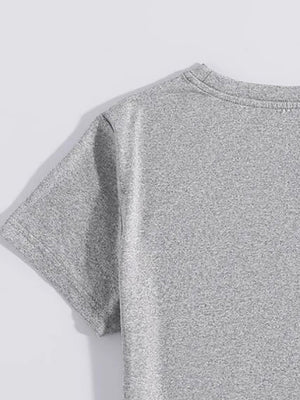 Gray polyester t-shirt with short sleeves and crew neck, close-up detail.