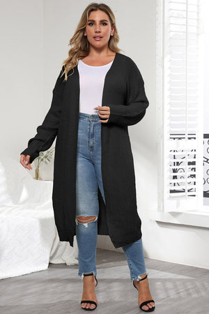 Black oversized knit maxi cardigan with a relaxed fit and open front.