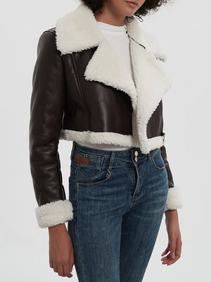 Cropped aviator jacket in brown with white shearling trim and collar.
