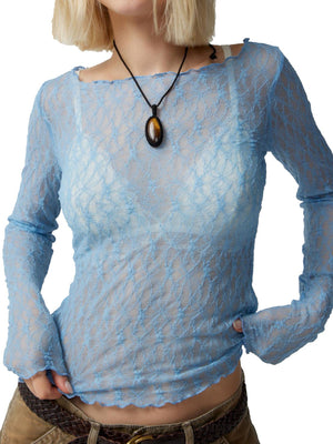 Light blue lace blouse with scalloped edges and long sleeves.