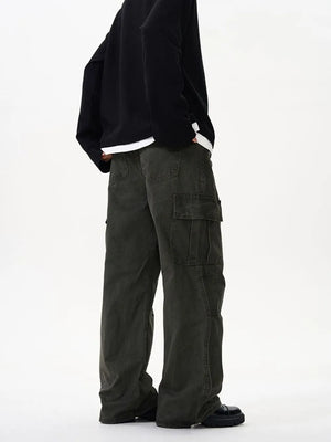 Tailored cargo pants in military green with versatile pockets and a relaxed fit.