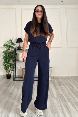 Dark blue relaxed fit tee and wide leg pants set with drawstring waist.