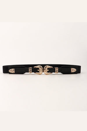 Black elastic waist belt with double western buckles and gold alloy details