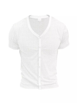 White V-neck button-down t-shirt with textured fabric and short sleeves.