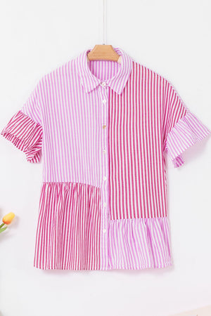 Pink striped tiered ruffle sleeve blouse with button front and collar.