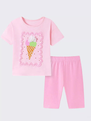 Pink cotton toddler ensemble with ice cream graphic tee and capri shorts.