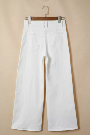 White denim wide-leg jeans with high waist and button fly, shown from the back.