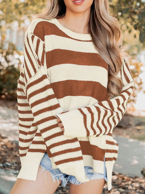 Patchwork drop shoulder baggy sweater in caramel and cream stripes with a crew neck.