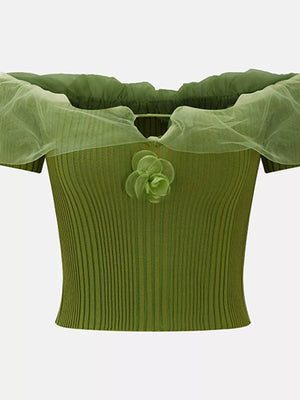 Green off-shoulder ruffled knit t-shirt with floral detail and sheer overlay