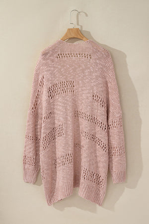 Dusty pink open-knit slouch cardigan with a relaxed fit and airy texture.