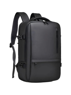 Black convertible commuter backpack with padded straps and multiple zippered pockets.