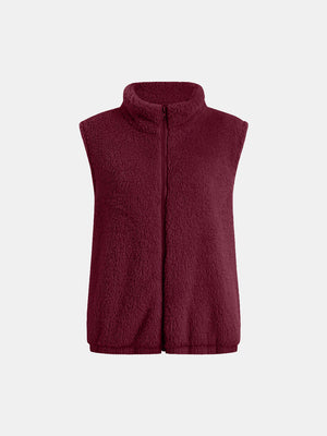 Burgundy teddy fleece stand-collar vest with full zip closure