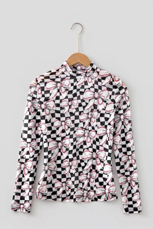 Checkered Baseball Bow Print Mesh Top in Black, side view