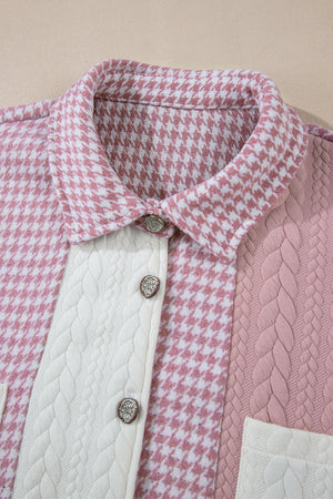Panelled houndstooth shacket in dusty pink with quilted details and ornate buttons.