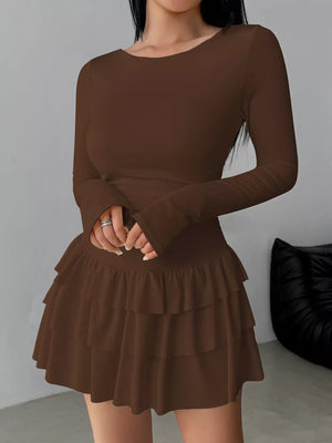 Ruched Long Sleeve Layered Ruffle Mini Dress in Red, fabric detail