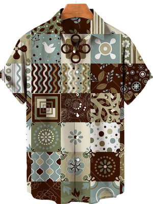 Men's Plus Size Printed Button Up Short Sleeve Shirt, alternate angle