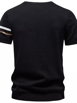 Black cotton t-shirt with striped sleeves and a crew neck.
