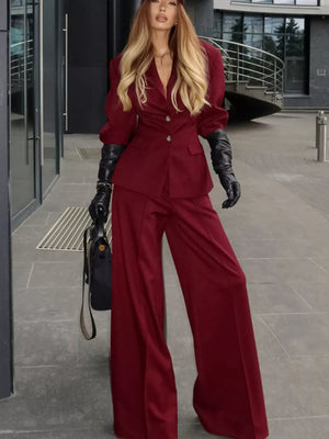Single-breasted Blazer And Wide-leg Pants Set in Black, model styling view