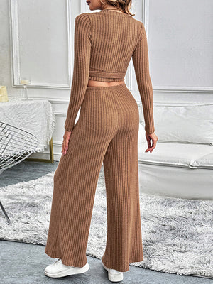 Caramel ribbed wrap top and wide leg pants set with long sleeves.