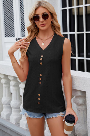 Black perforated button-down sleeveless blouse with V-neck and wooden buttons