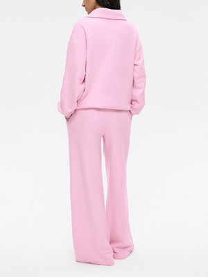 Blush pink quarter zip long sleeve top and wide leg pants set