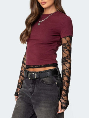 Wine red crew neck t-shirt with black lace sleeves and cropped hem
