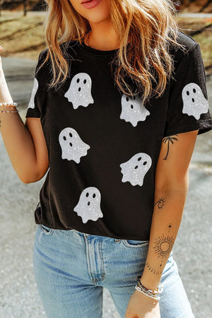 Black crew neck t-shirt with allover glitter ghost motif