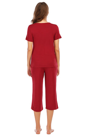 Scarlet loungewear set with gathered neckline top and capri pants