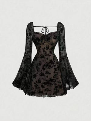 Black lace sweetheart mini dress with bell sleeves and floral pattern