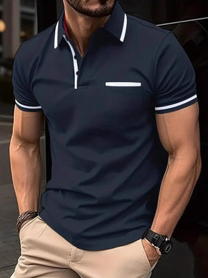 Navy short sleeve polo with white contrast trim on collar, pocket, and sleeves.