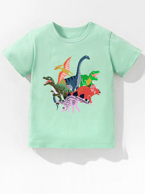 Mint green cotton crew-neck tee with a colorful dinosaur print for toddlers.