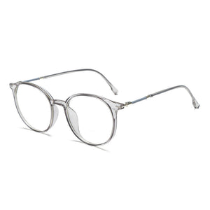 Round acetate eyeglasses with clear lenses and metal temples