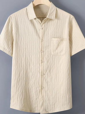 Khaki textured button-up short-sleeve men's shirt with chest pocket