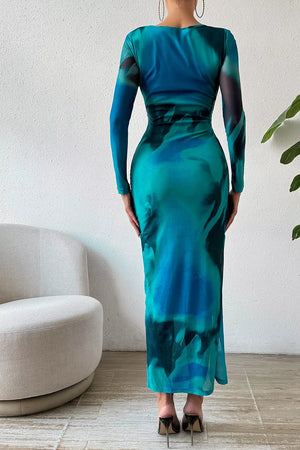 Ruched Tie-dye Midi Dress With High Slit in Dusty Blue, close-up detail