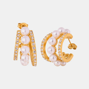 Gold double hoop earrings with pearls and pave crystals