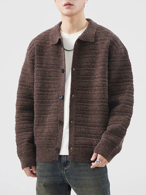 Sophisticated ribbed knit men's cardigan in Flower Coffee with button-down front and collar.