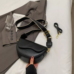Leather Crescent Crossbody Bag in Black, fabric detail