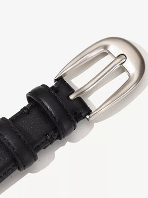 Black cowhide leather belt with silver buckle and accents
