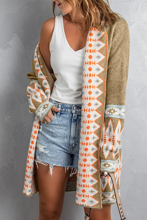 Khaki open-front knit cardigan with geometric trim and long sleeves.