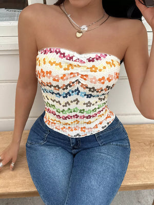 Vibrant floral print strapless tank top with ruching and bow detail