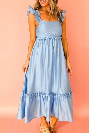 Light blue maternity dress with square neck, ruffle straps, empire waist, and tiered ruffled skirt.