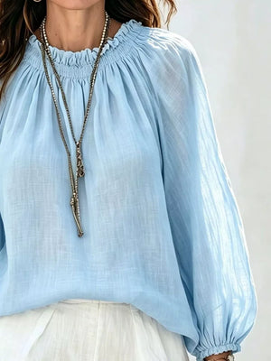 Round Neck Balloon Sleeve Blouse in Army Green, model styling view