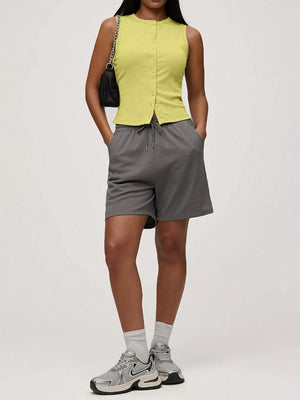 Yellow ribbed button-front fitted tank top with a crew neck and short sleeves.