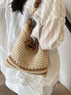 Crochet Knit Shoulder Bag in Beige, close-up detail