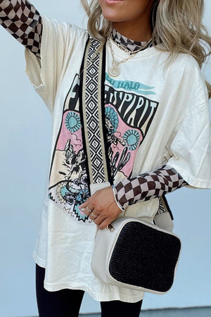 Optical Illusion Checkered Mesh Top in beige with a graphic print, worn layered over a checkered mesh shirt.