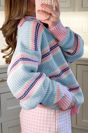 Striped Button Collar Long Sleeve Knit Sweater in Light Blue, model styling view