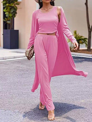 Round Neck Tank Cardigan Pants Set, editorial view
