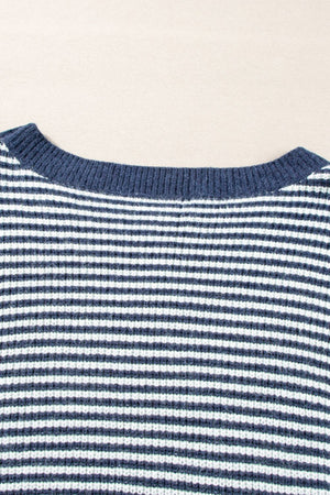 Blue and white striped knit pullover sweater with a crew neck.
