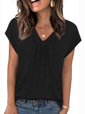 Black ruched v-neck t-shirt with short sleeves and a relaxed fit.